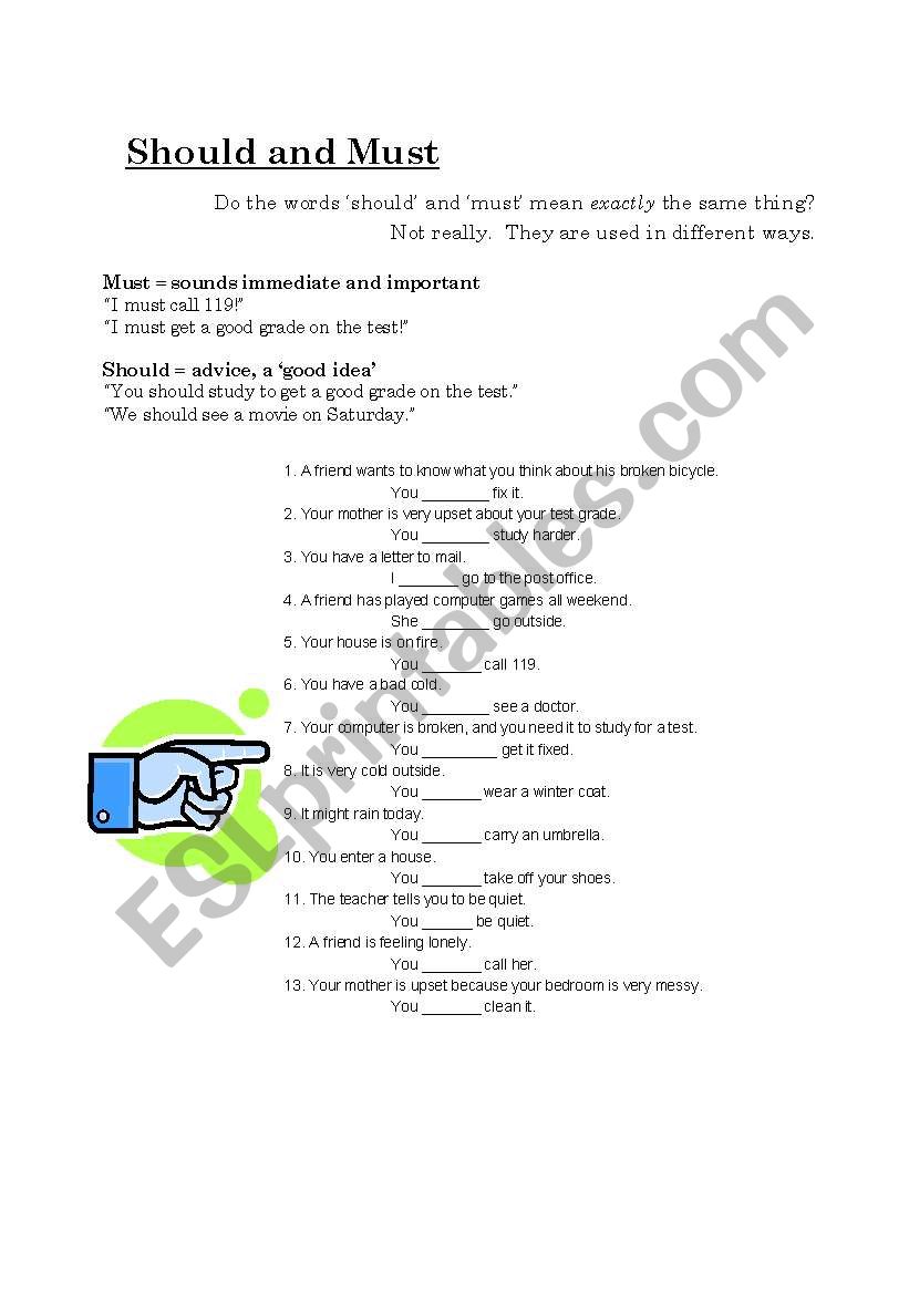 English worksheets: Should and Must