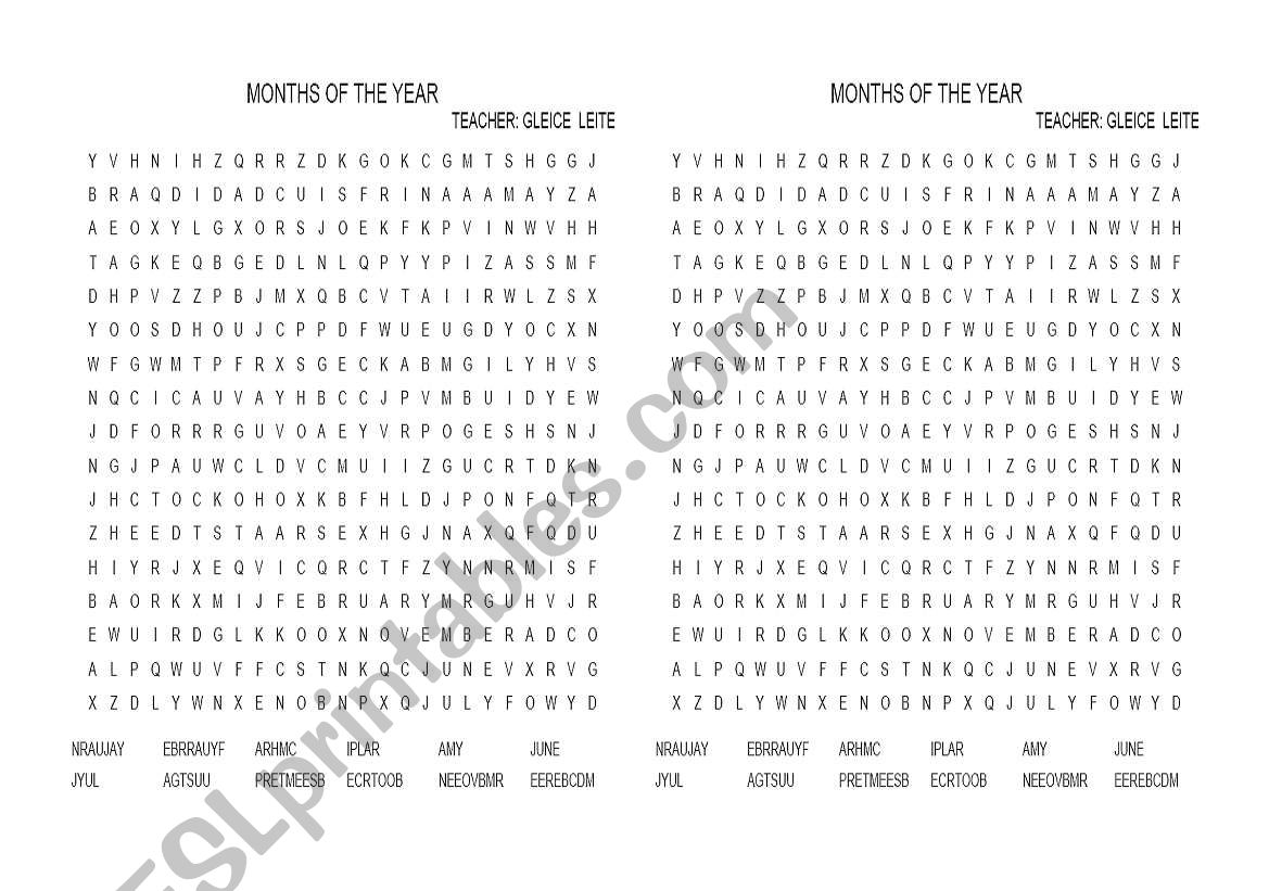 months word search worksheet