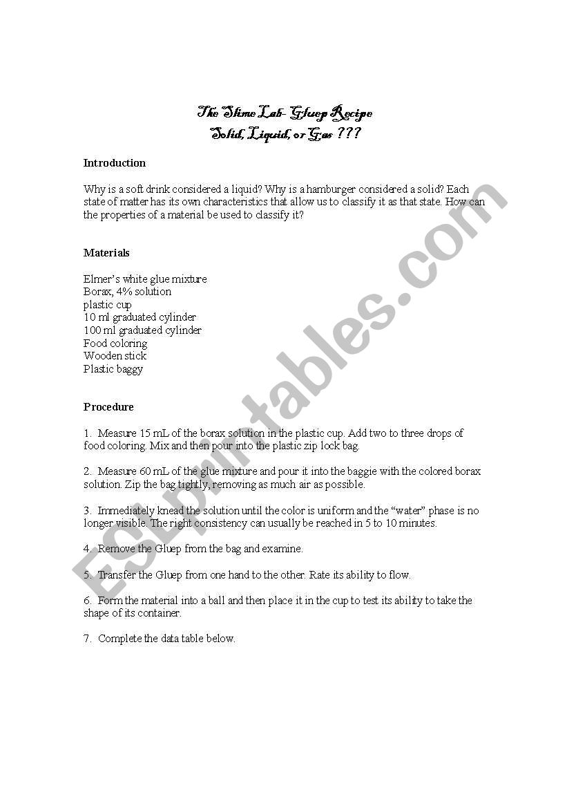 The Slime Lab - Gluep recipe worksheet