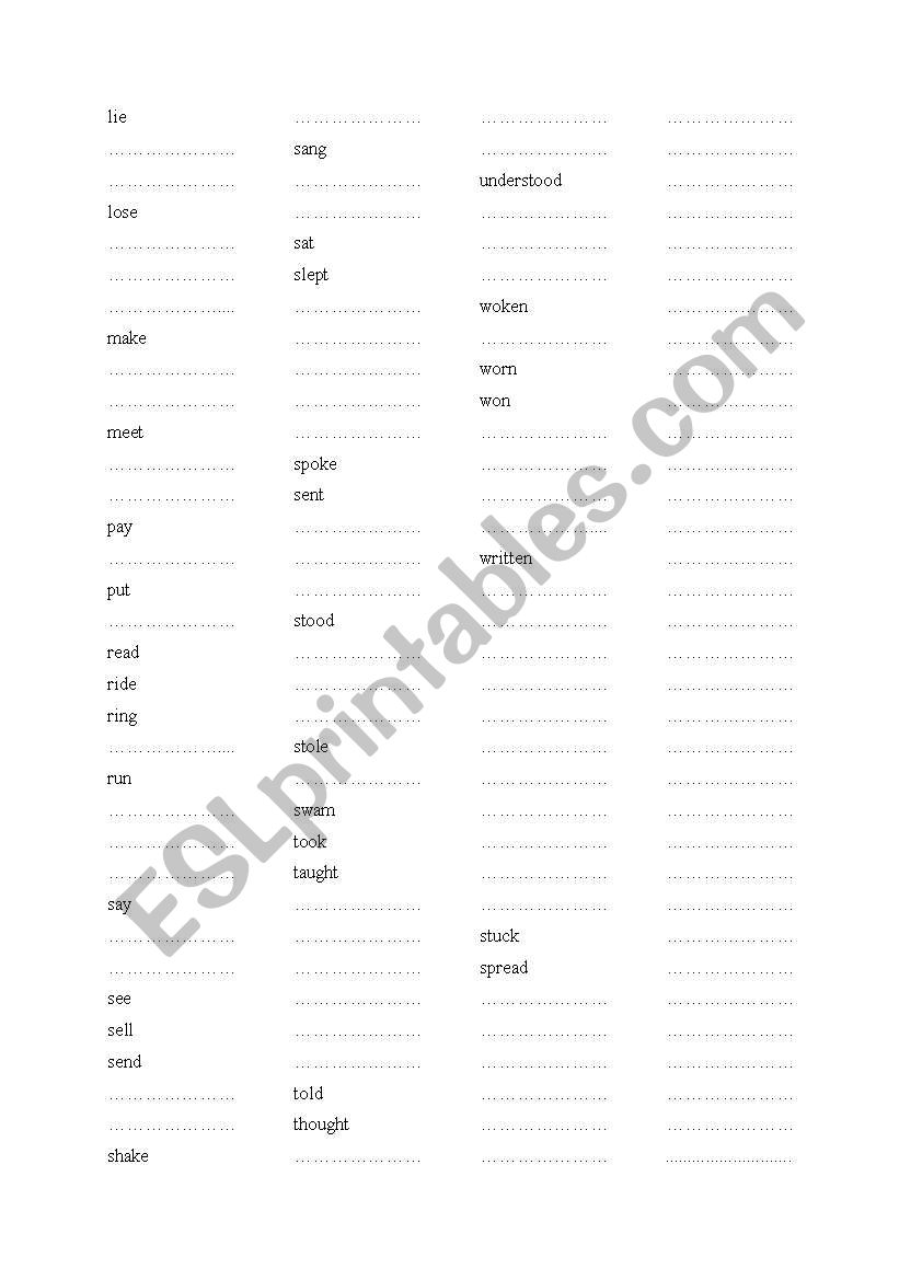 irregular verbs test worksheet