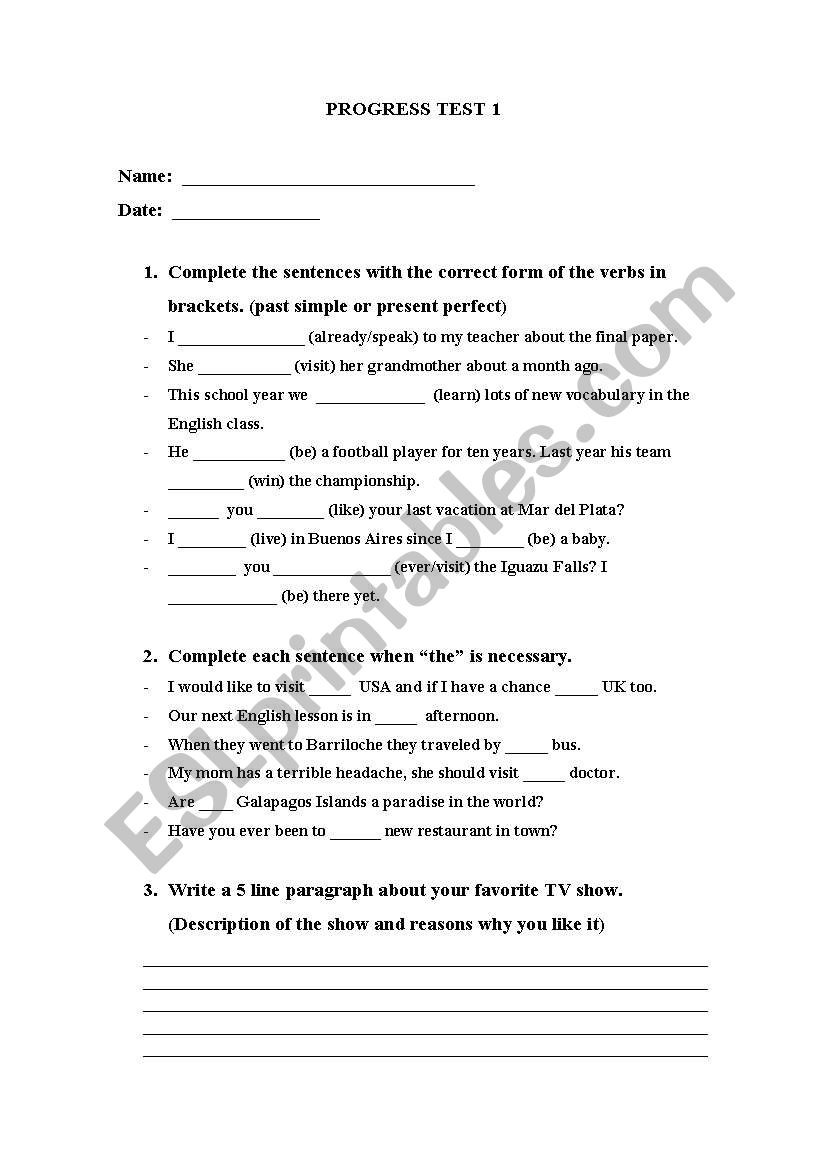 progress test worksheet