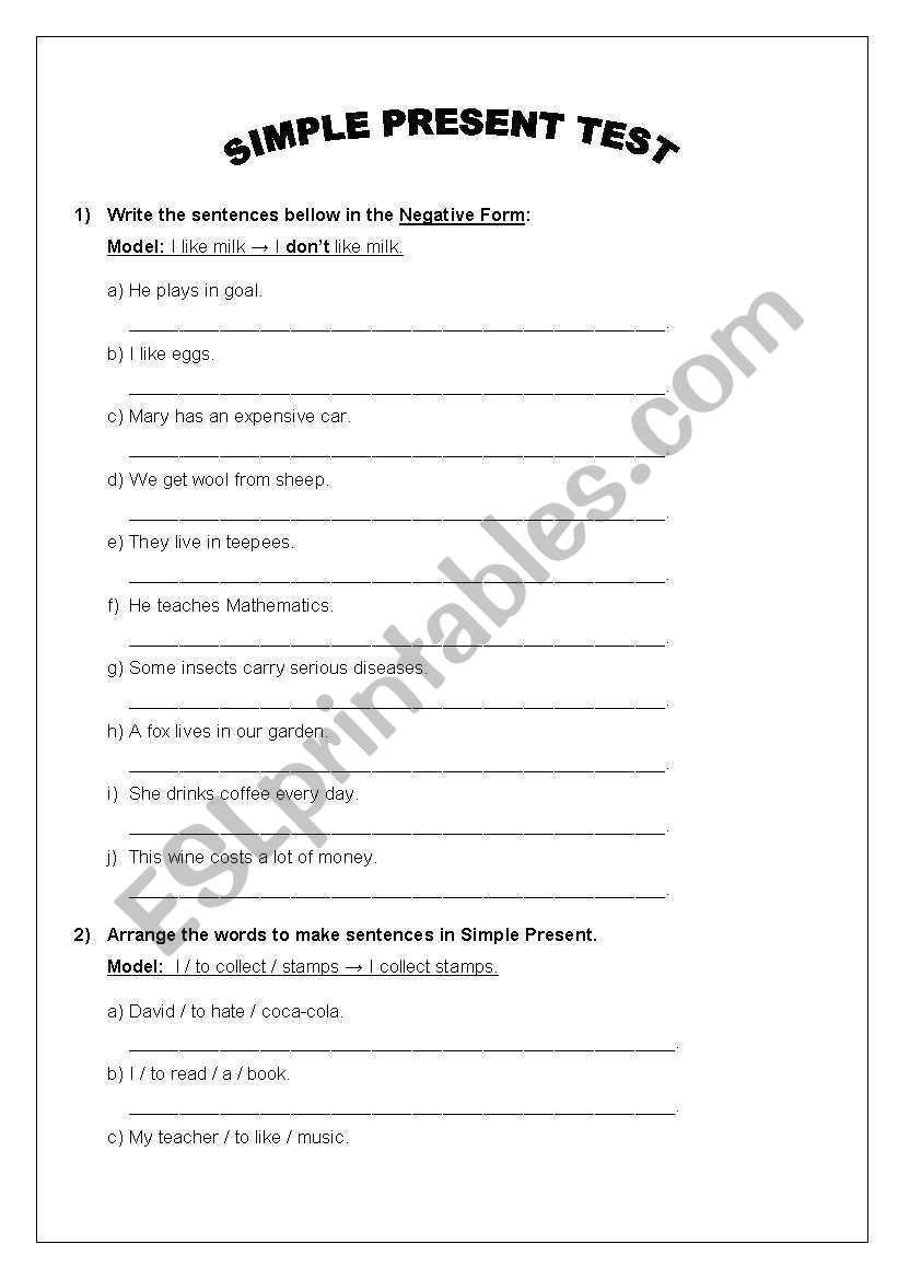 Simple Present Test worksheet