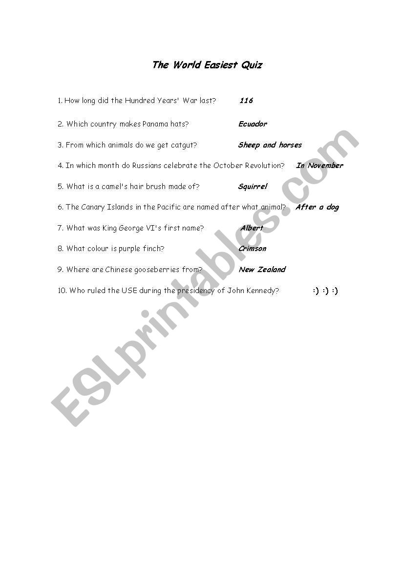 The Worlds Easiest Quiz worksheet