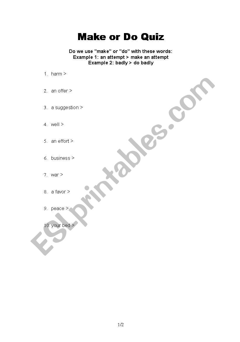 Make or Do Quiz worksheet