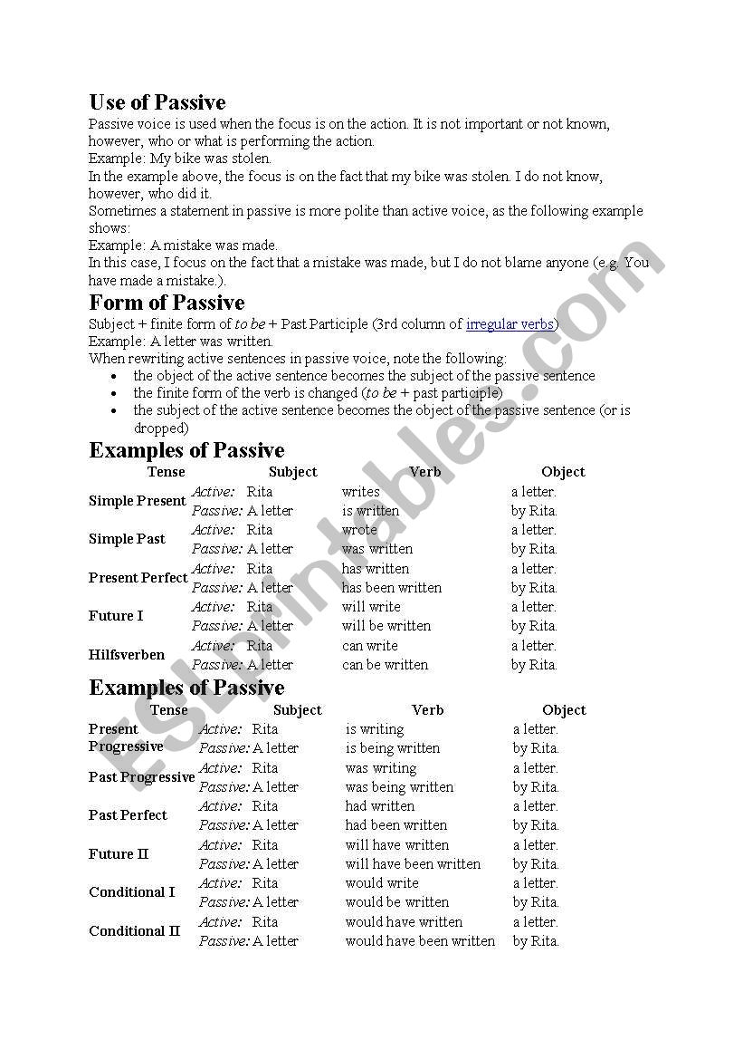 Use of Passive worksheet