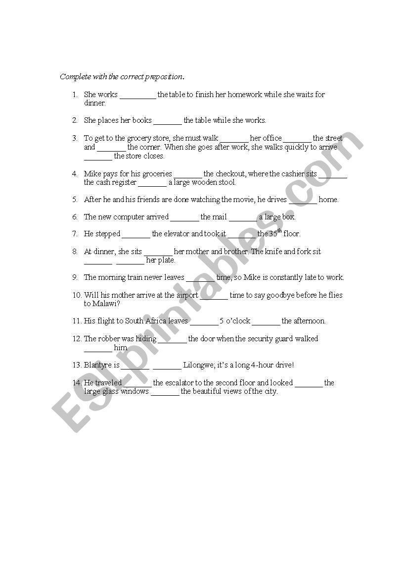 Basic Prepositions Quiz worksheet