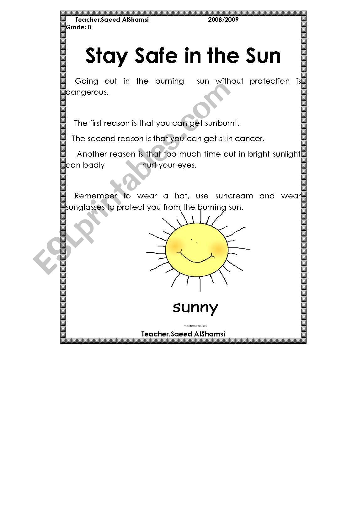 safe in the sun worksheet