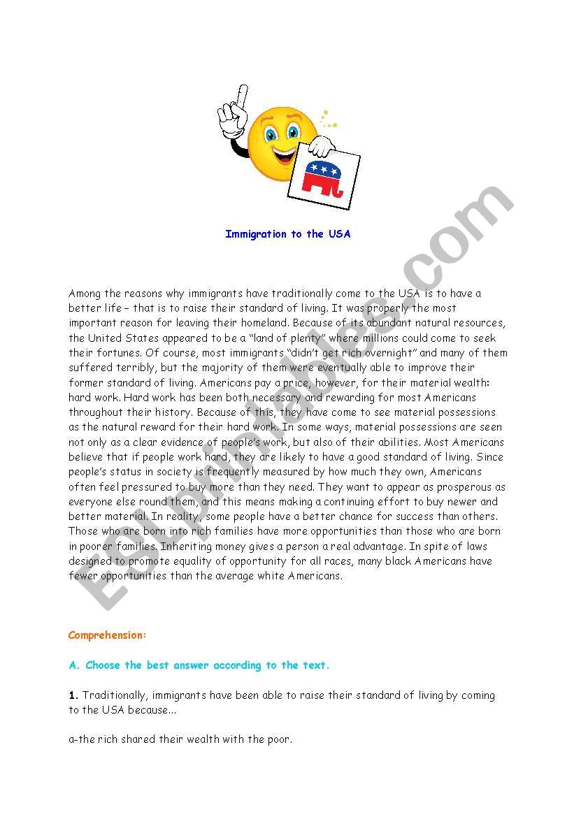 immigration to the USA worksheet