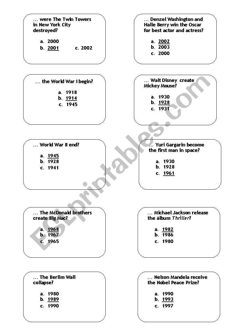 Past facts quiz game worksheet