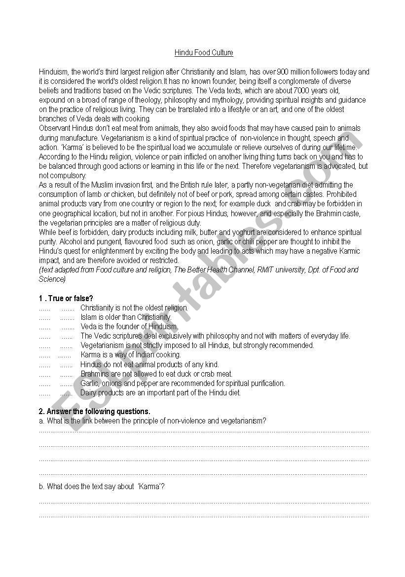 Hindu food worksheet