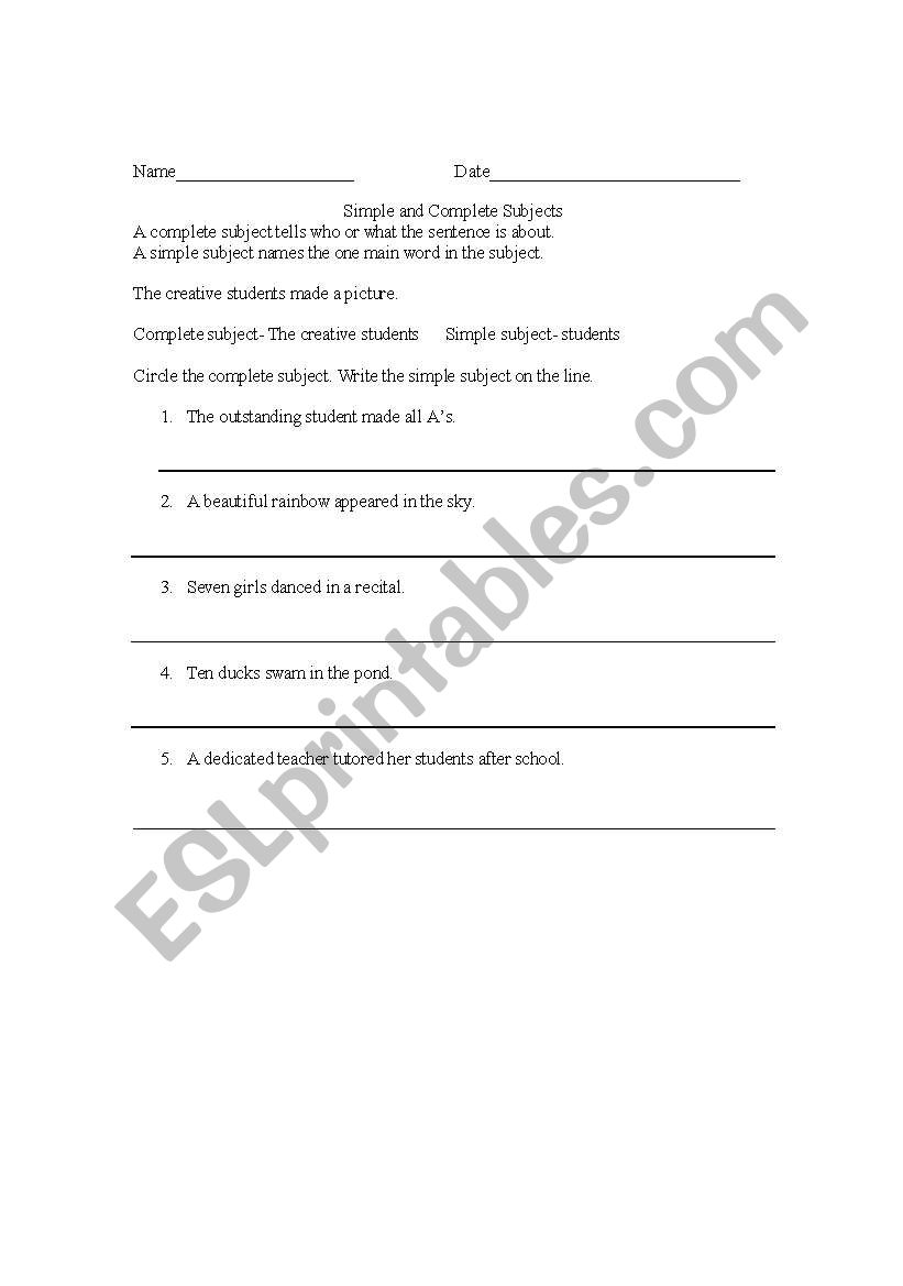 Simple and complete subjects worksheet