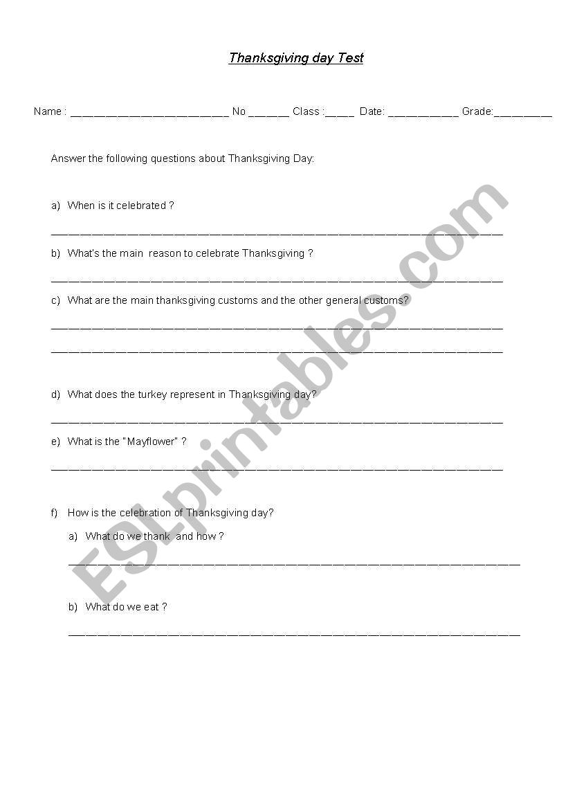 Thanksgiving day test worksheet