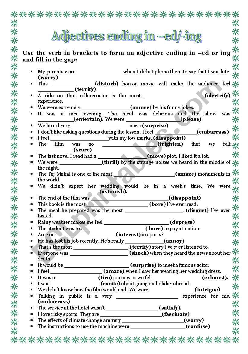 ADJECTIVES ENDING IN ED OR ING ESL Worksheet By LAMERCHE