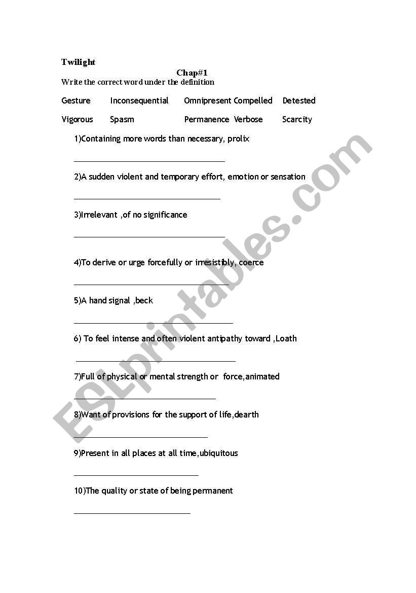 Twilight vocabulary test worksheet