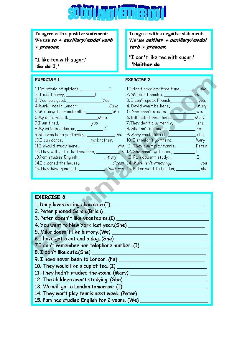 SO DO I AND NEITHER DO I ESL Worksheet By Aragoneses