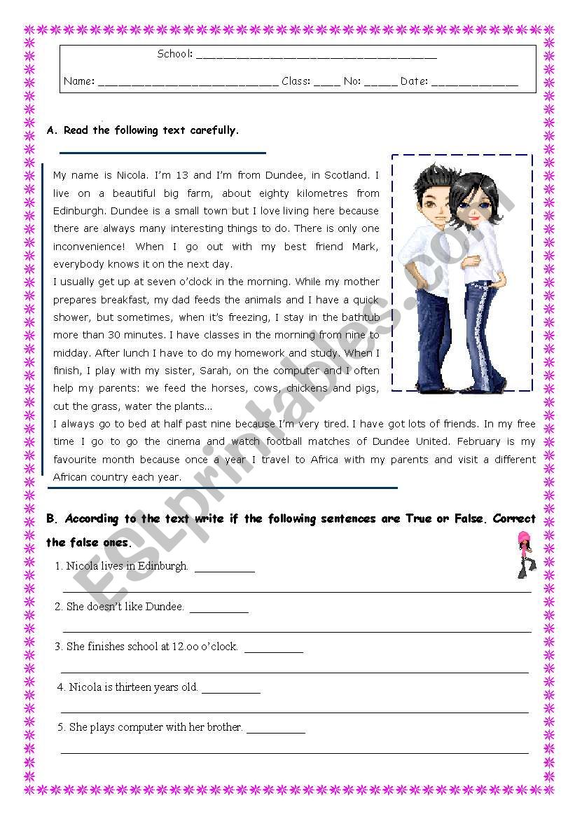 NICOLA`S LIFE AND DAILY ROUTINE - ESL worksheet by Rosario Pacheco