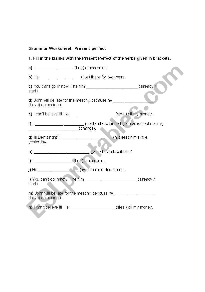 present perfect worksheet worksheet