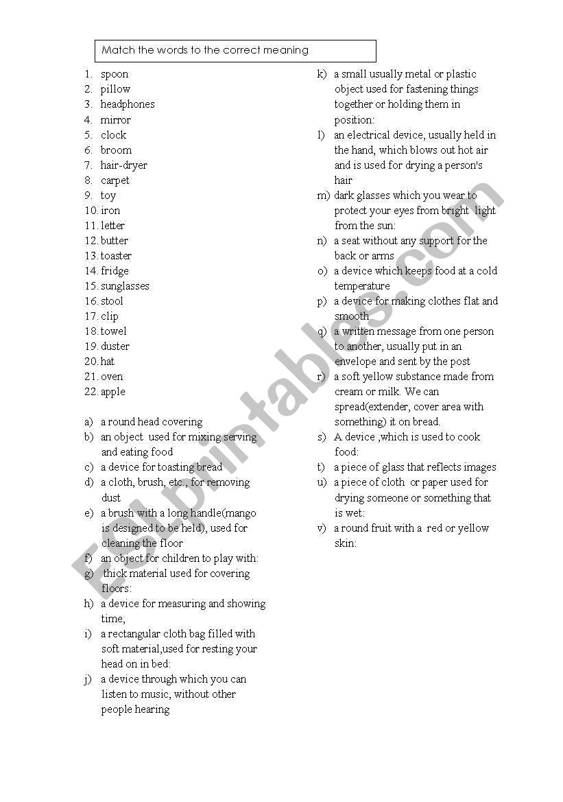 domestic objects worksheet