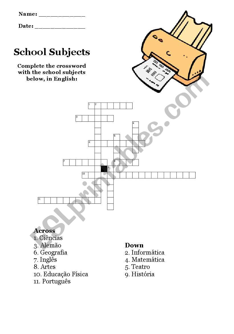 School Subjects - Crossword worksheet