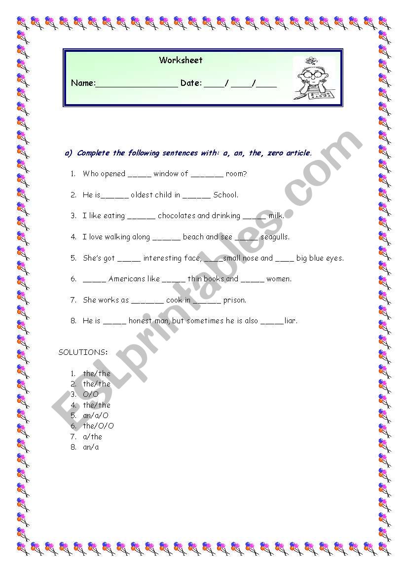 Articles worksheet