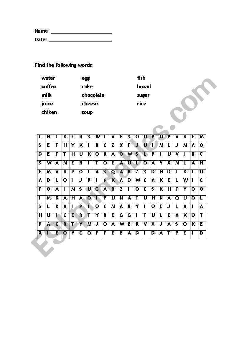 Crossword food and drinks worksheet