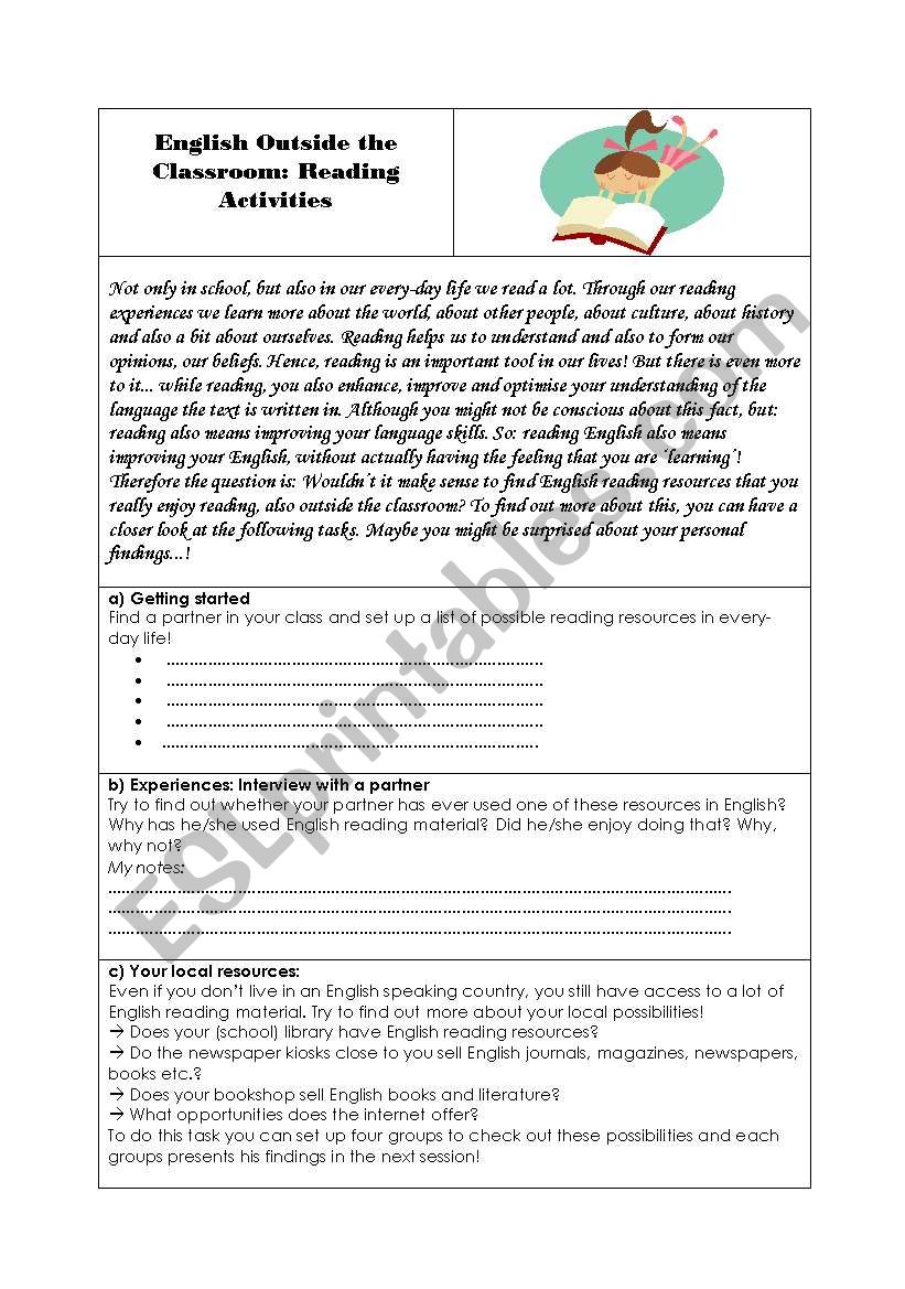 Reading outside the classroom worksheet