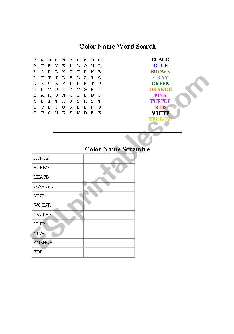 colours worksheet