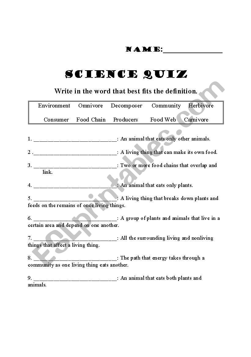 Science Quiz worksheet