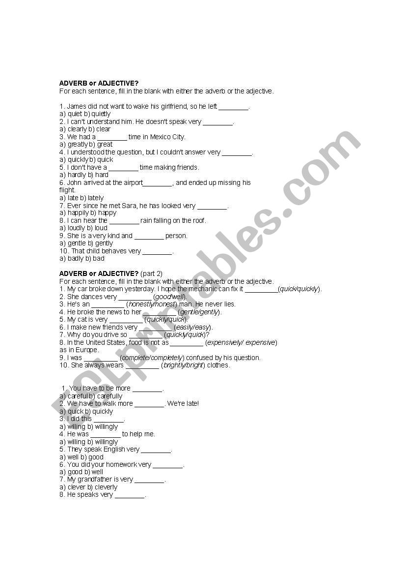 Adverb or adjective worksheet