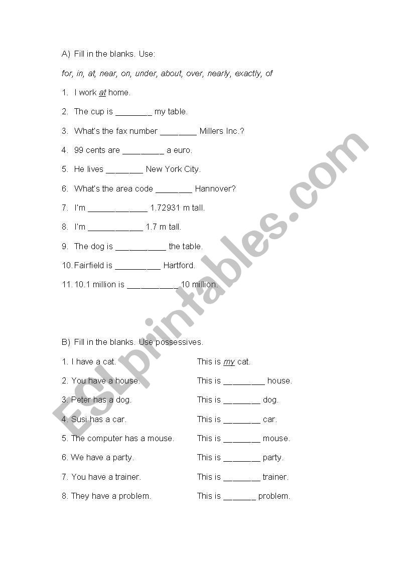 Prepositions and Possesives worksheet