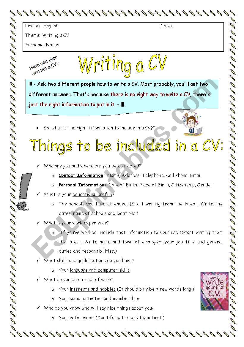 Cv Writing Esl Worksheet By Oylesine