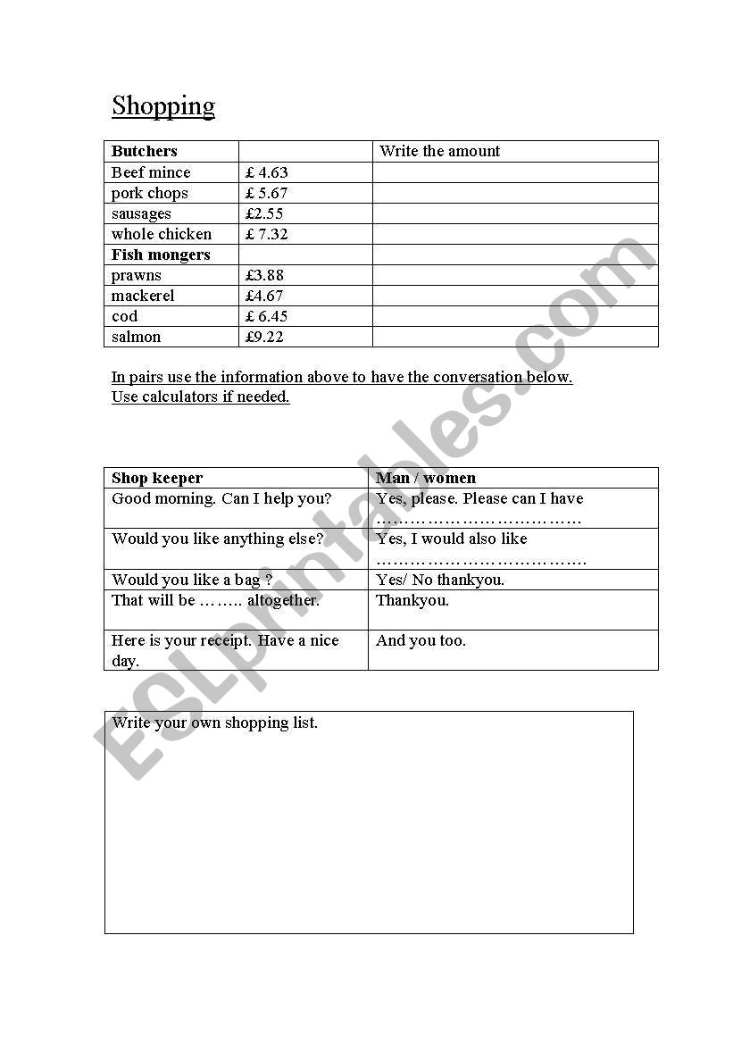 shopping worksheet