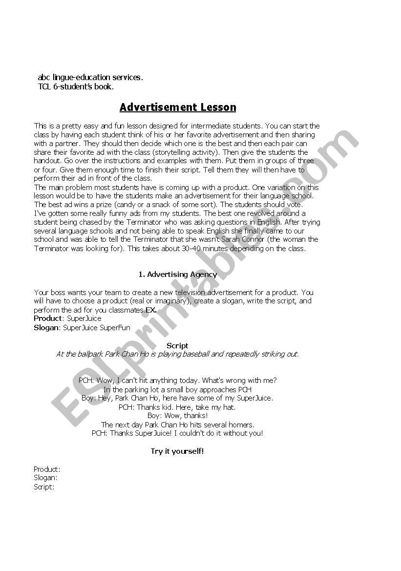 My advertisement worksheet