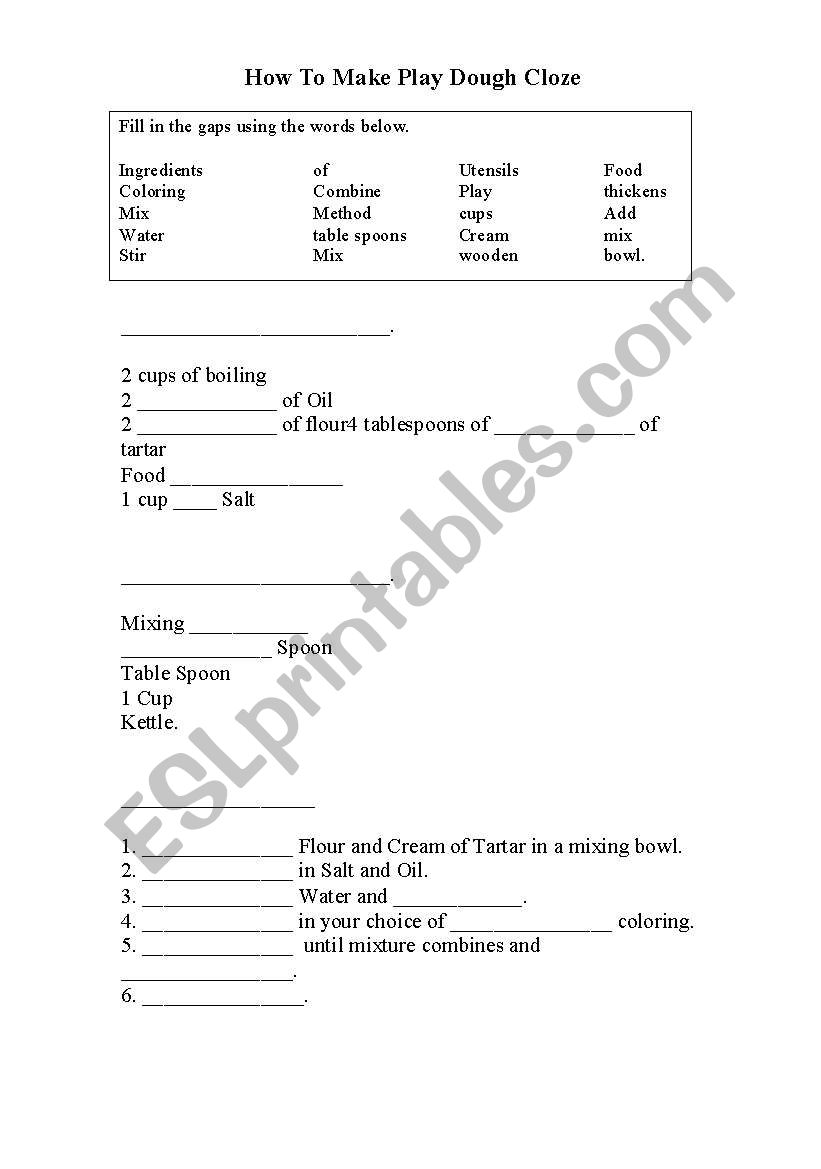 how to make playdough cloze worksheet