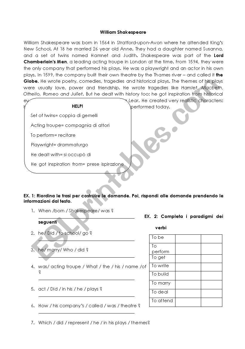 shakespeares biography worksheet