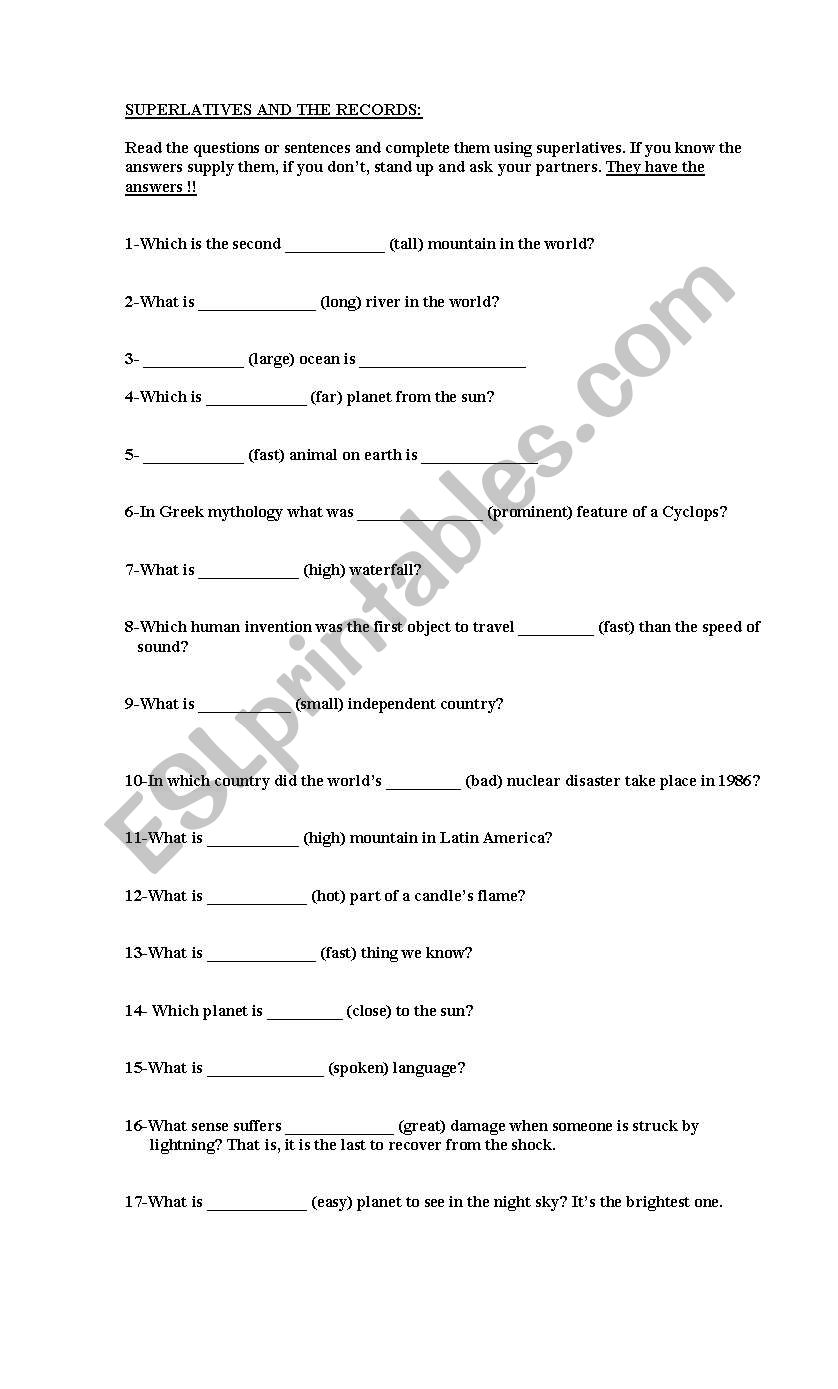 Superlatives and the records worksheet