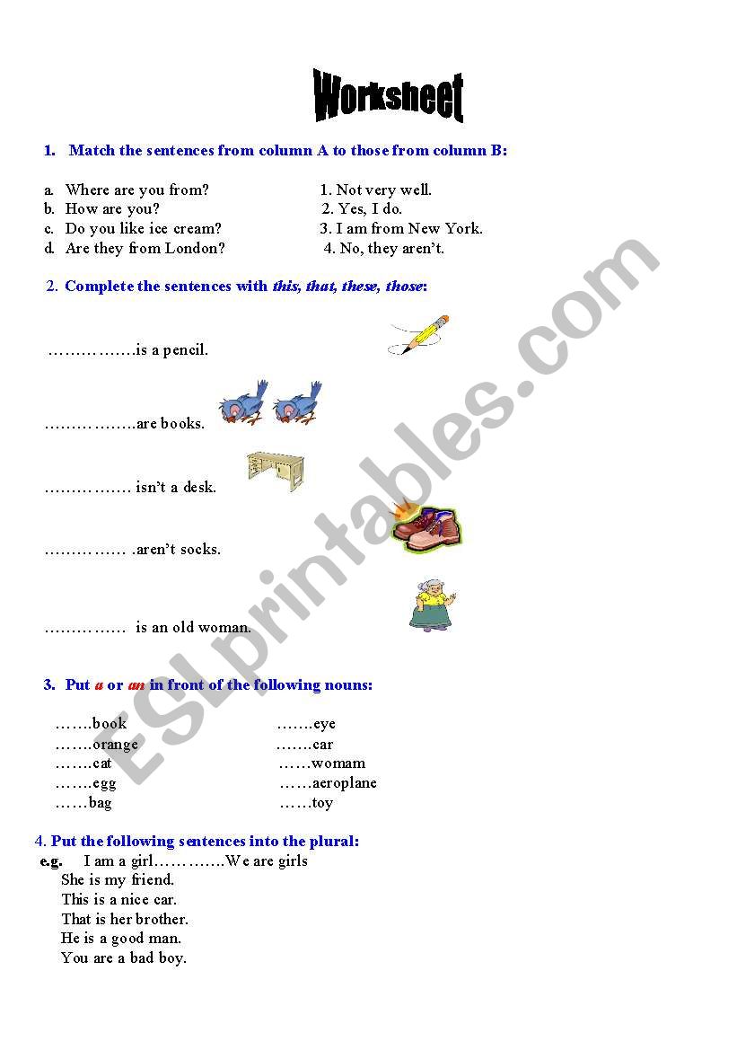 Worksheet: indefinite article/demonstrative pronoun/plural of nouns