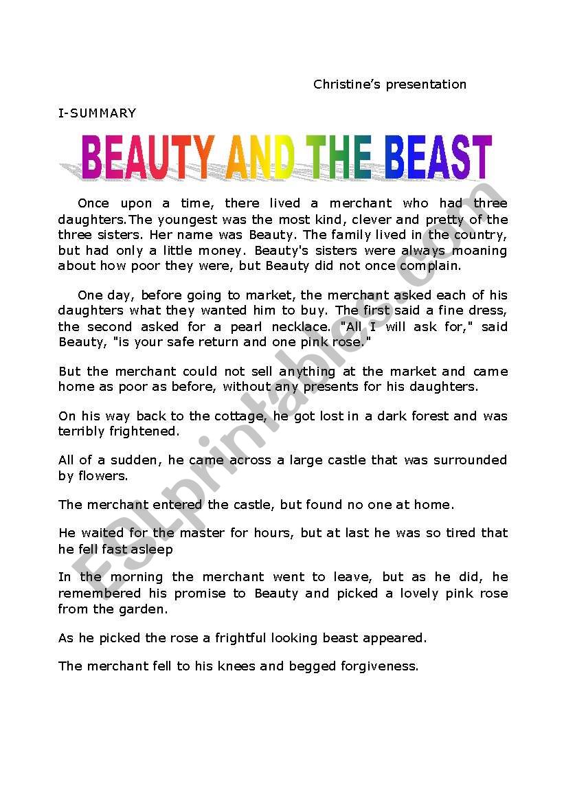 Story Beauty And The Beast Esl Worksheet By 1105