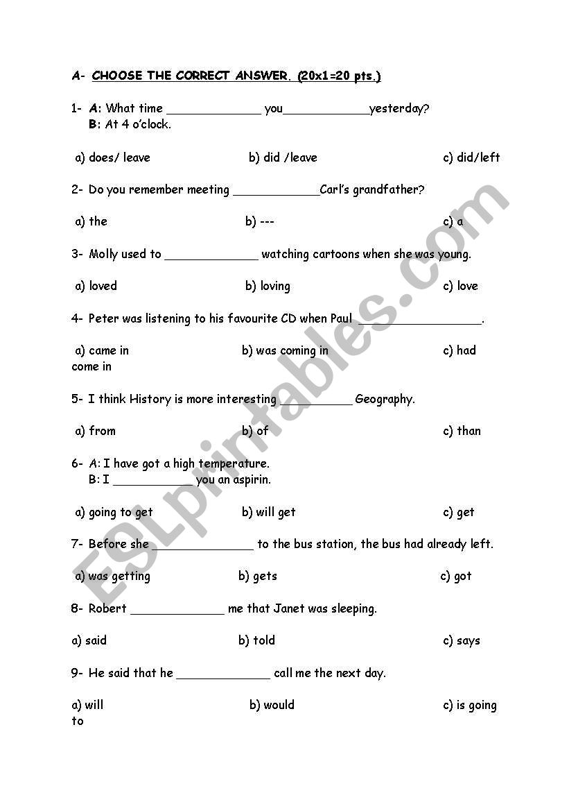 test about various subjects worksheet