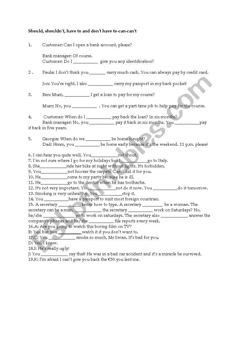 Should, shouldn’t, have to and don’t have to-can-can’t - ESL worksheet ...