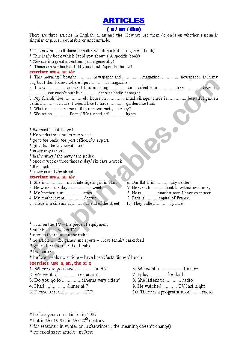 ARTICLES worksheet