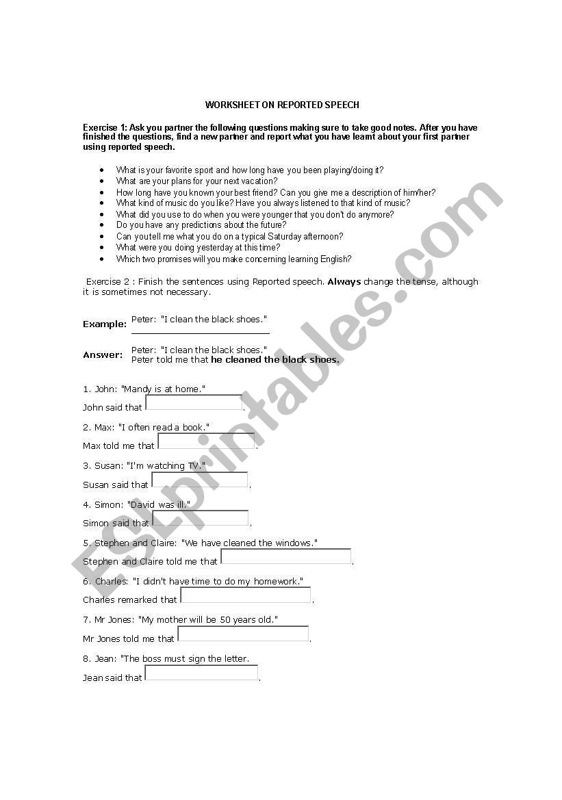  worksheet on reported speech worksheet