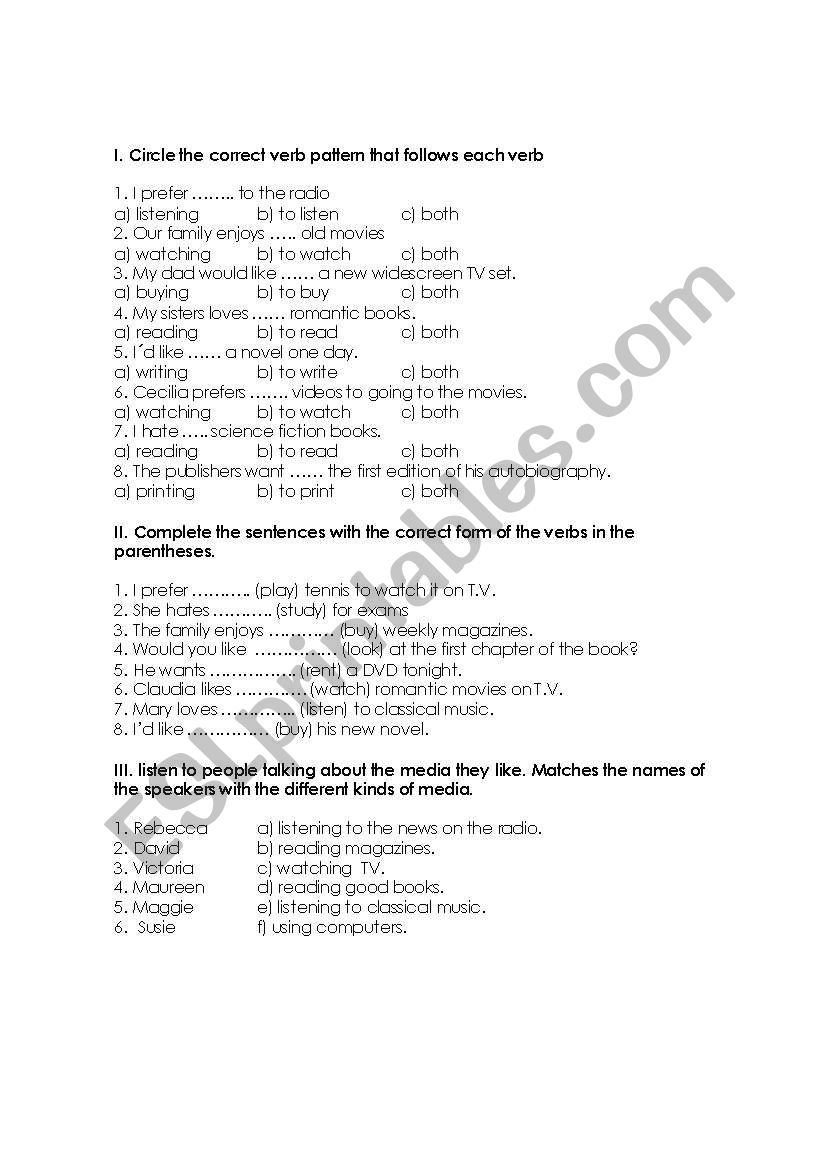 infinitive ing to  worksheet