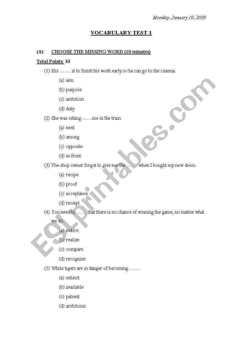 Vocabulary Test1  Intermediate Level