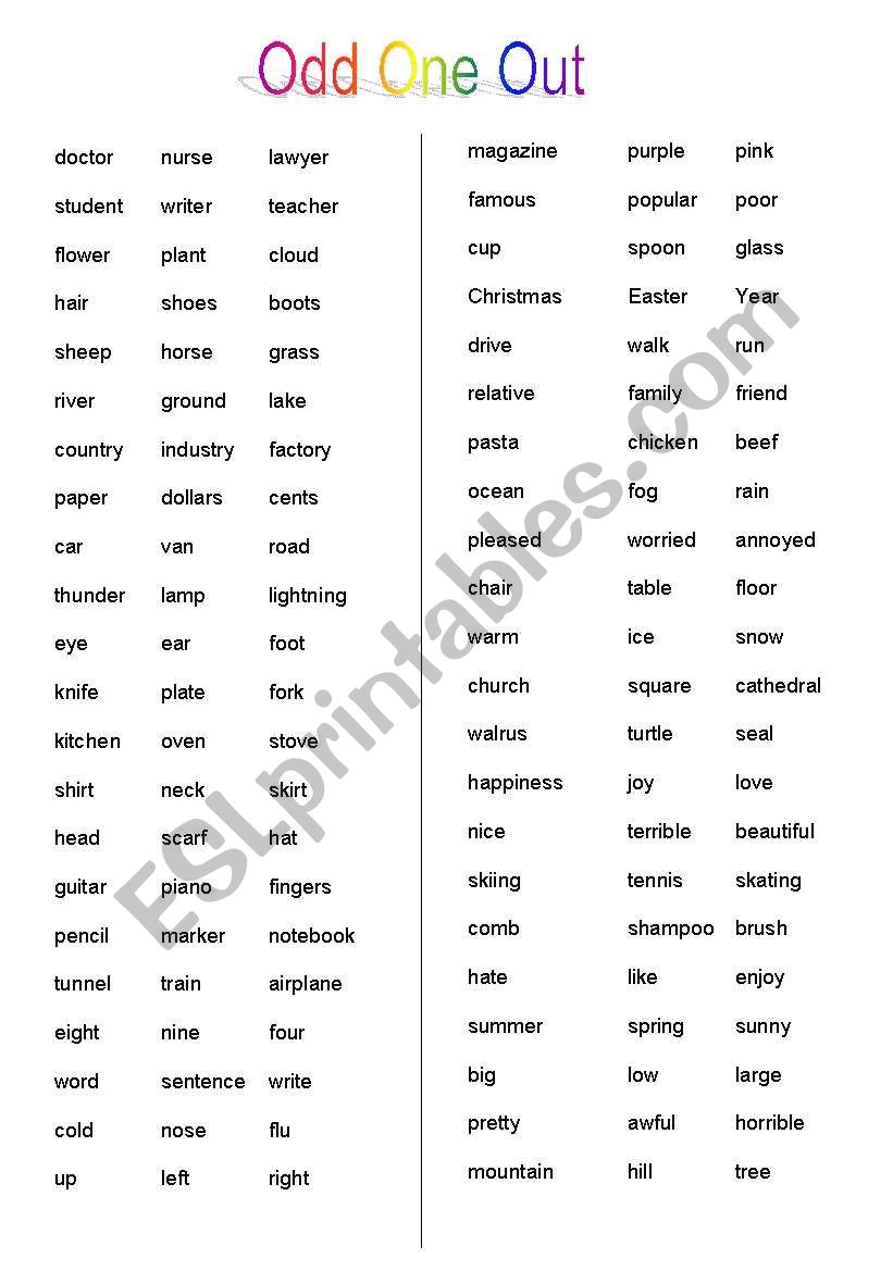 Odd One Out ESL Worksheet By Elyce