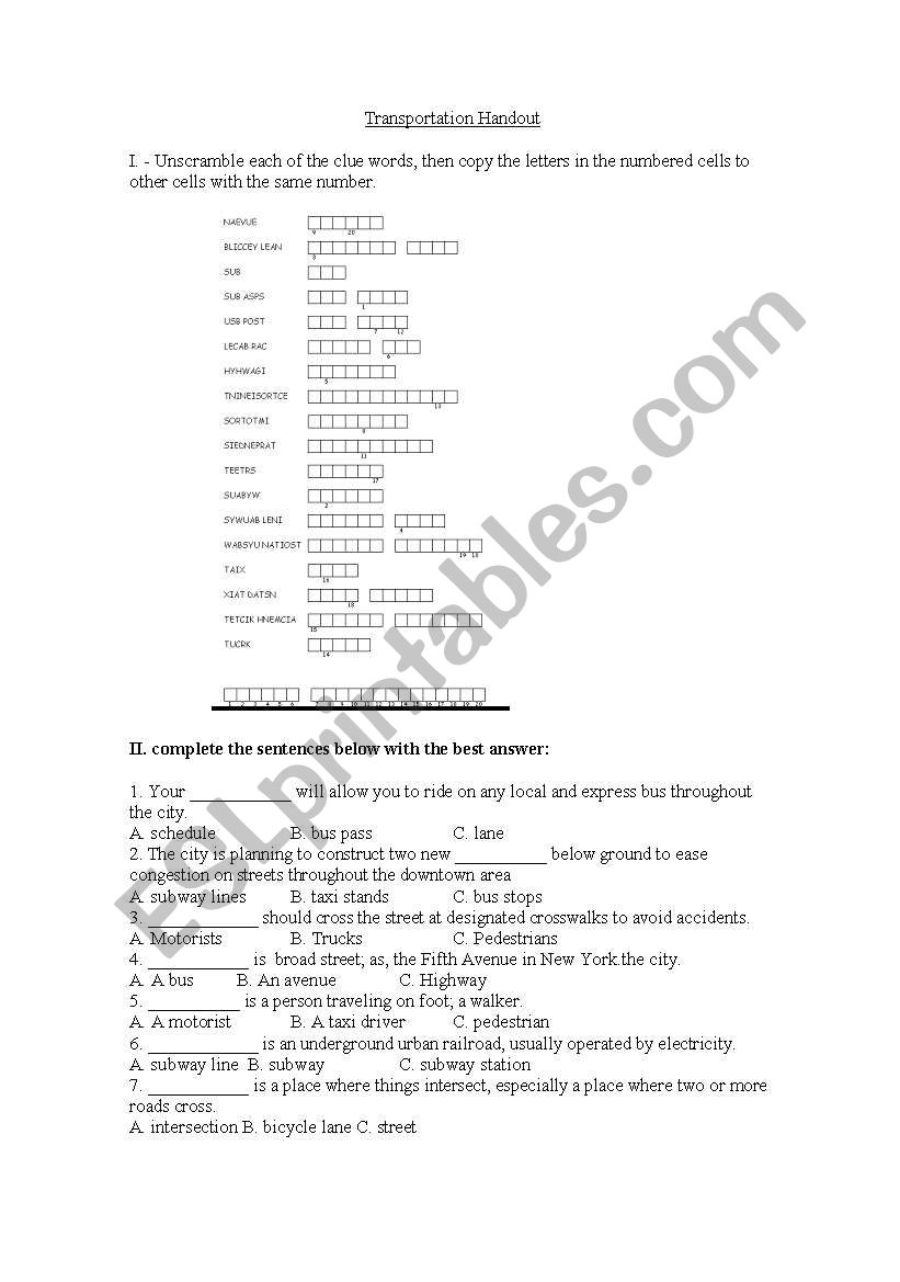 Transport worksheet