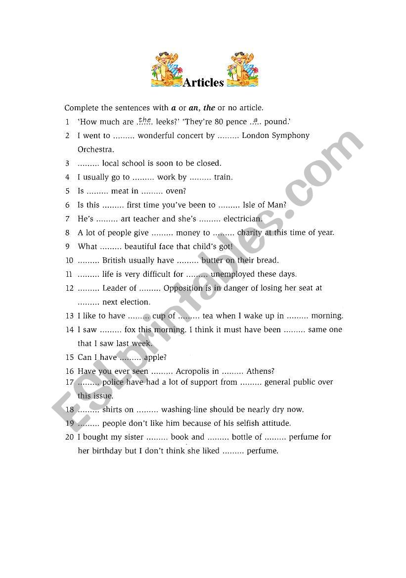 Articles worksheet