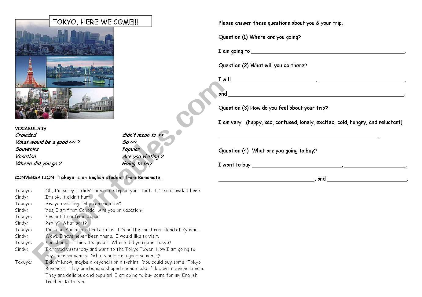 Tokyo here we come worksheet