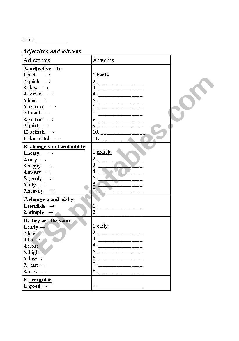 Ajectives and adverbs worksheet