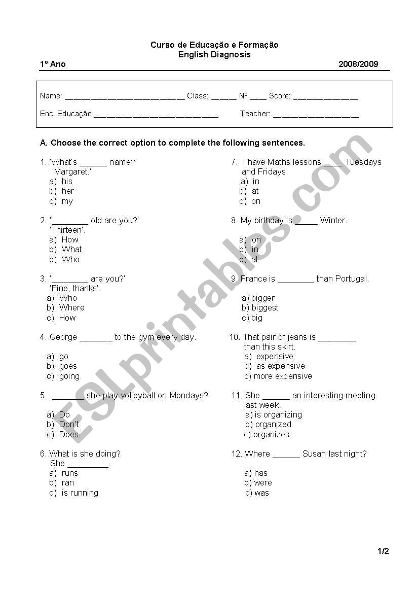 English Diagnosis I worksheet